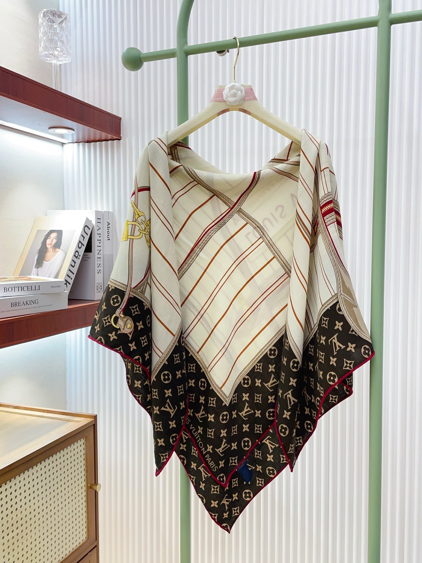 LV Double-sided Scarf 140cm Brown White Cashmere 971051