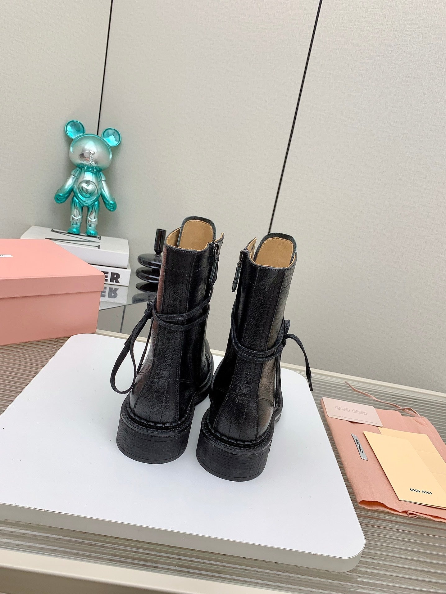 Miu Leather Laced Booties Black Cowhide