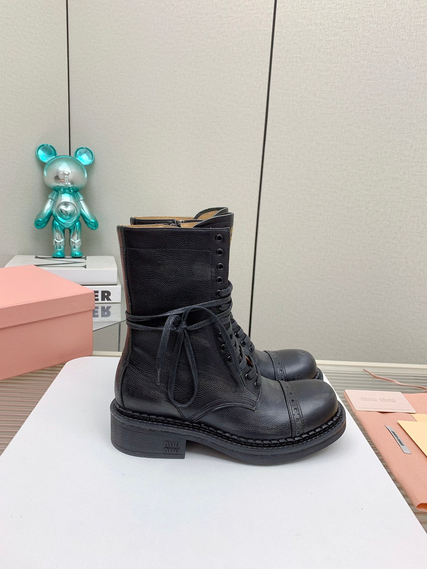 Miu Leather Laced Booties Black Cowhide