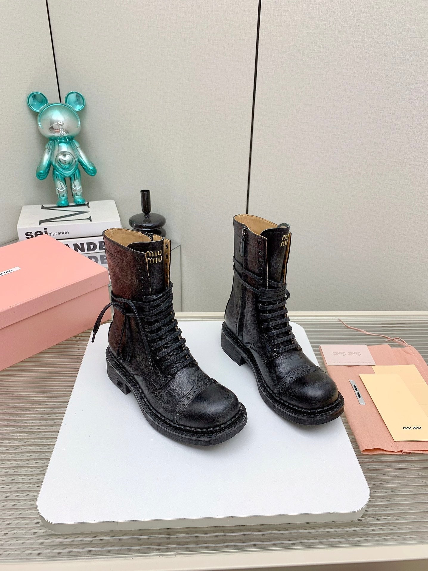 Miu Leather Laced Booties Black Cowhide