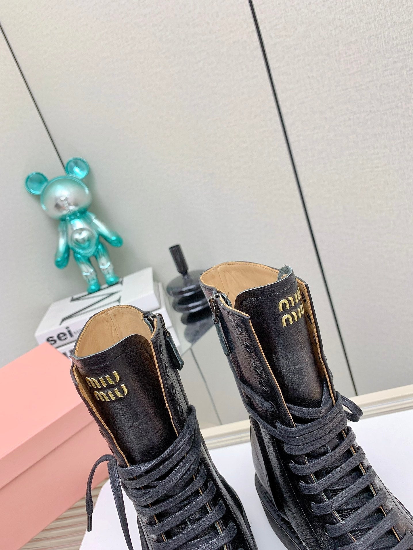 Miu Leather Laced Booties Black Cowhide