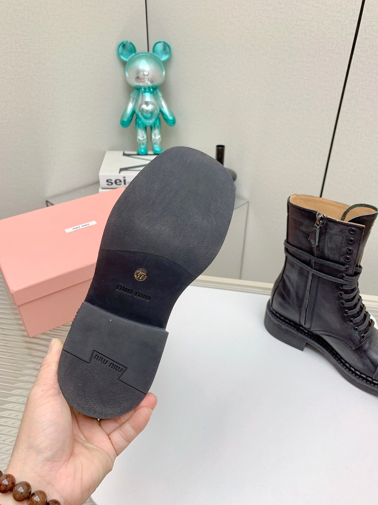 Miu Leather Laced Booties Black Cowhide