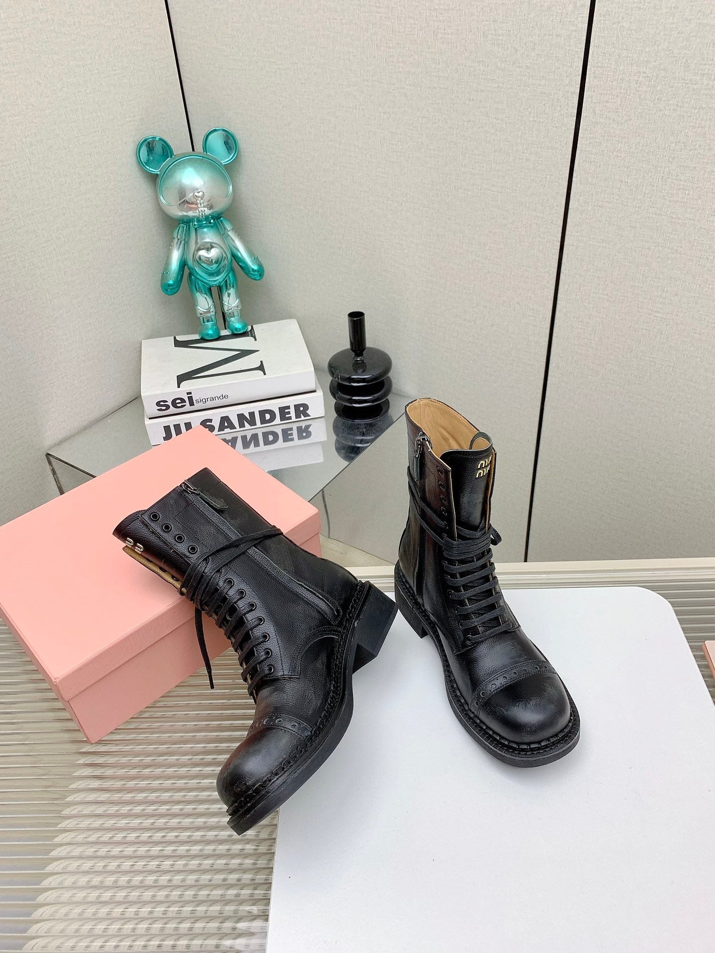 Miu Leather Laced Booties Black Cowhide