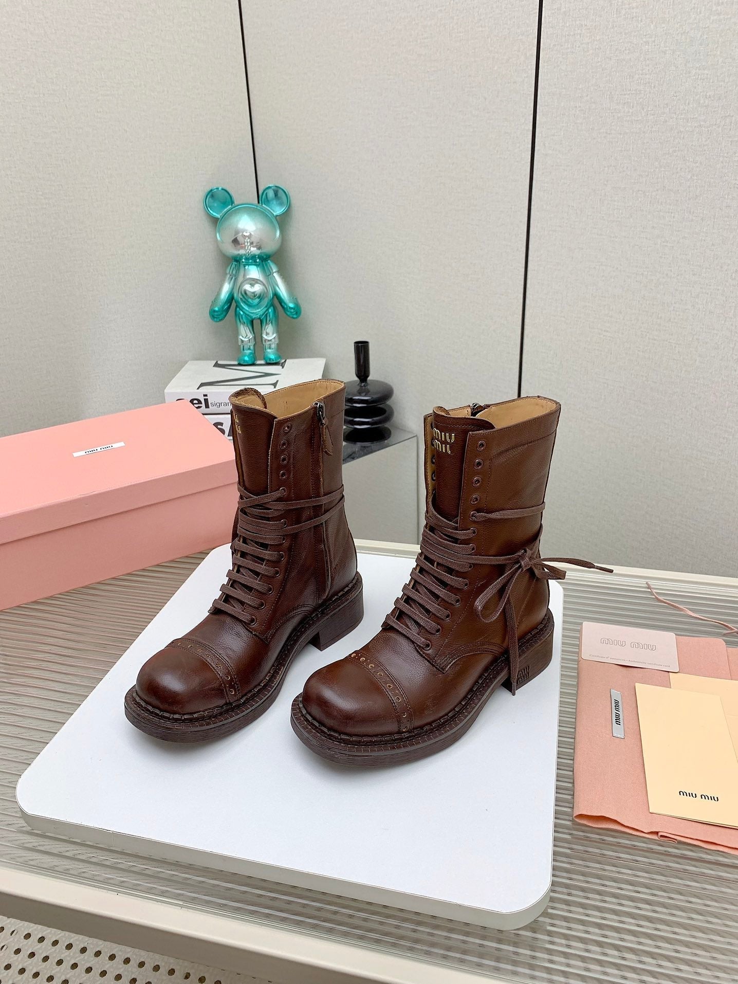 Miu Leather Laced Booties Chestnut Brown Cowhide