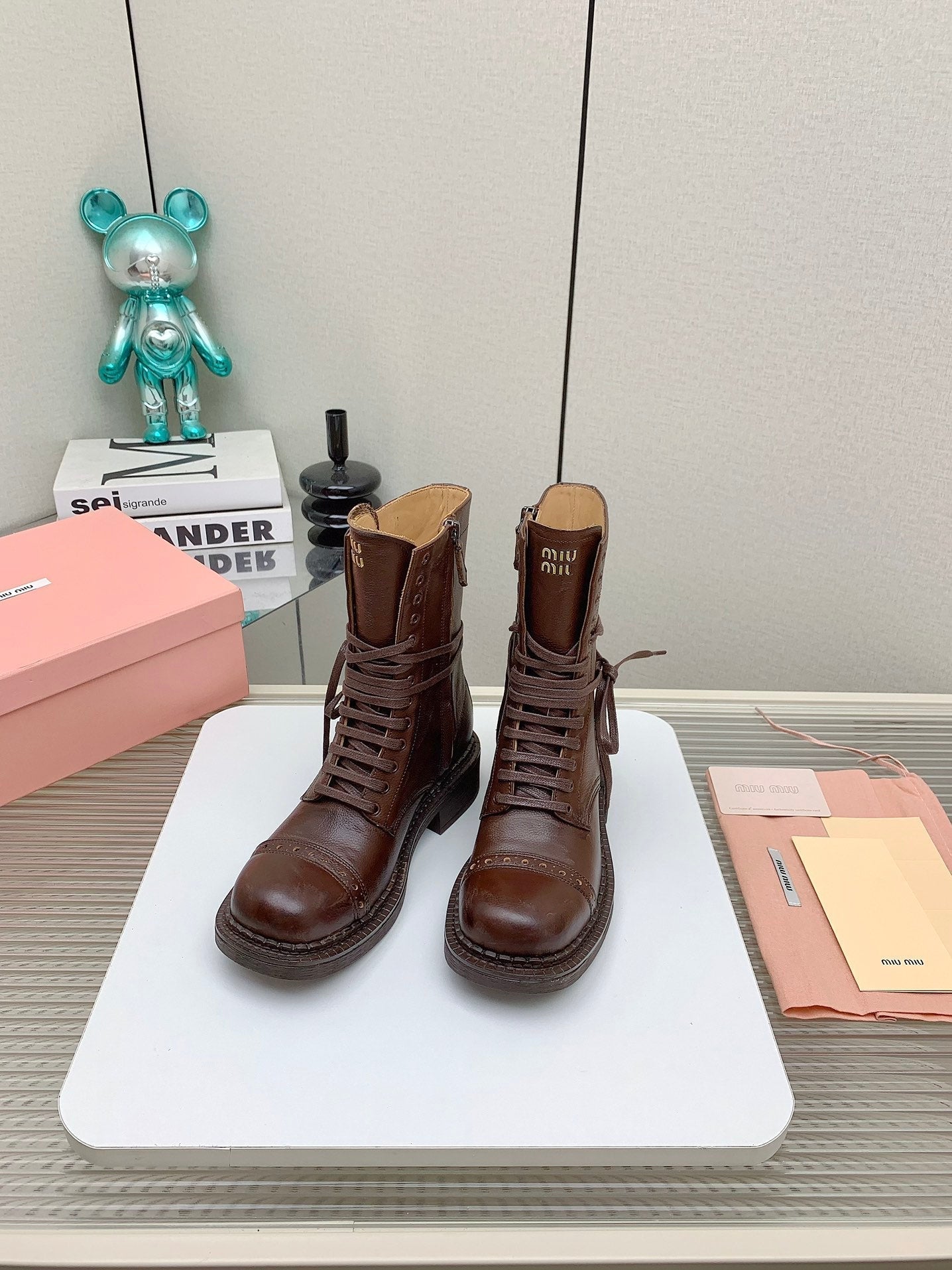 Miu Leather Laced Booties Chestnut Brown Cowhide