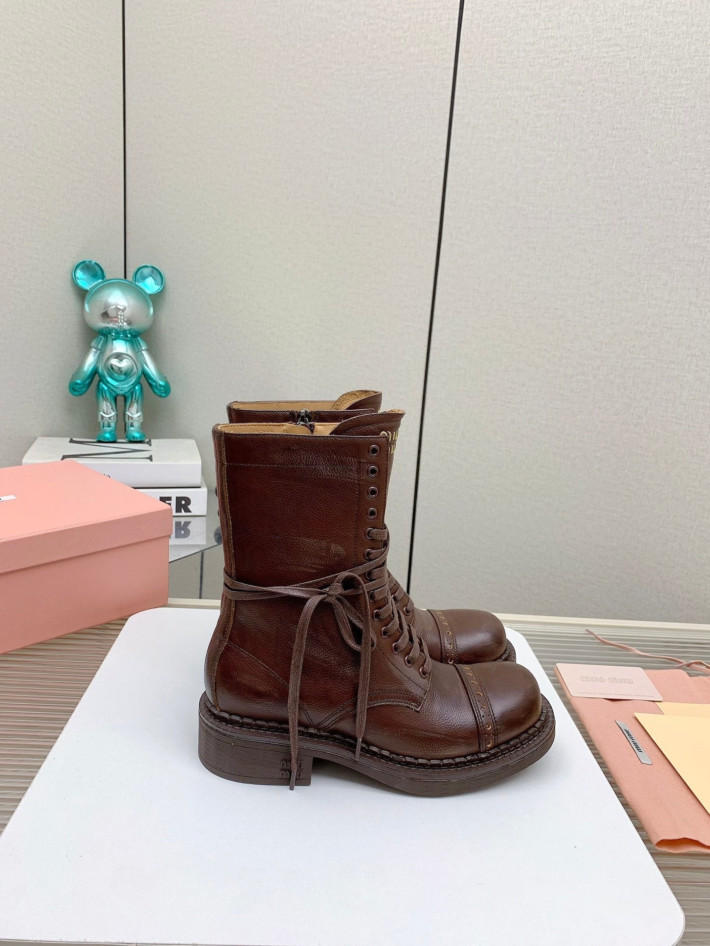 Miu Leather Laced Booties Chestnut Brown Cowhide