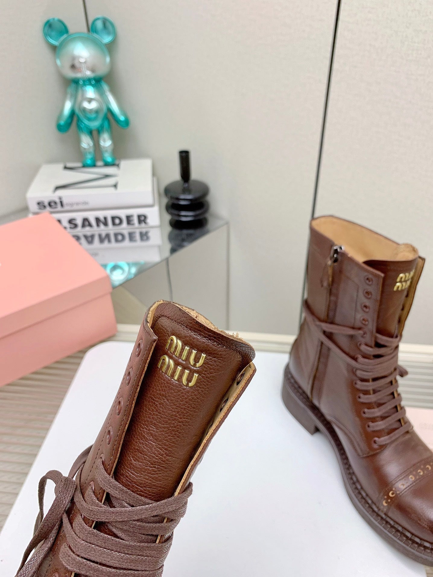 Miu Leather Laced Booties Chestnut Brown Cowhide