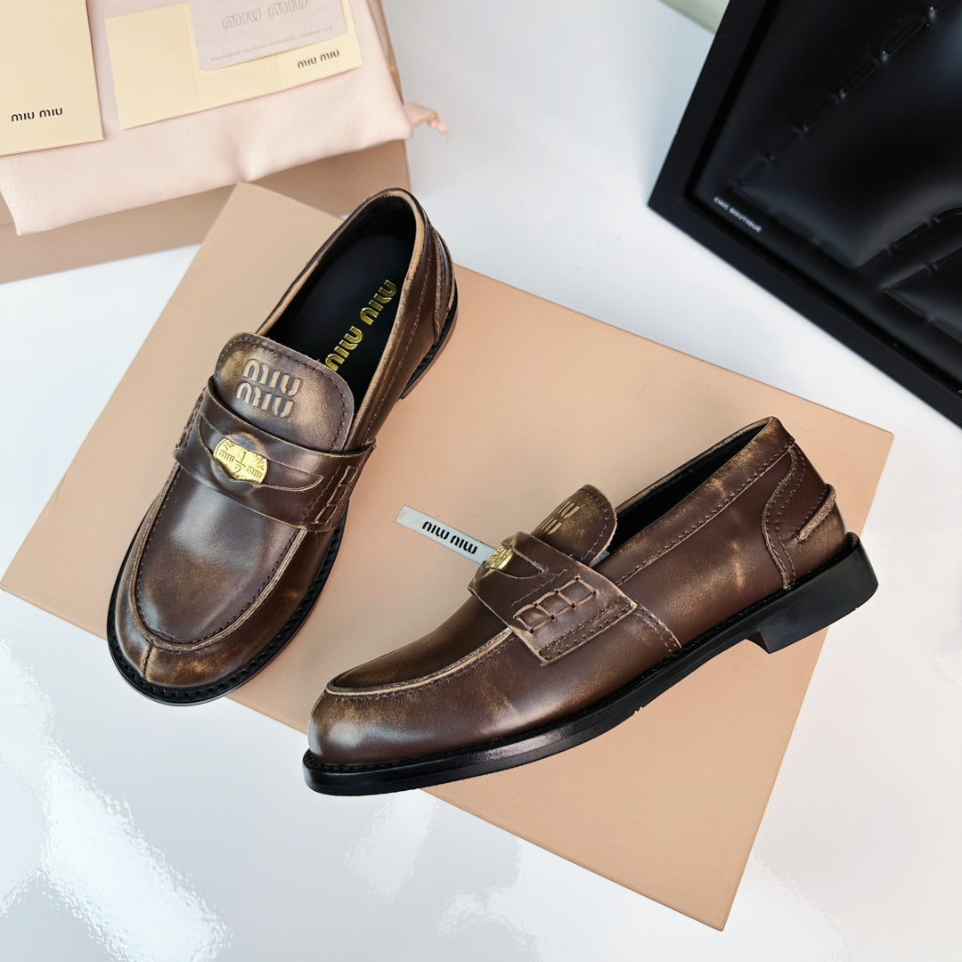 Miu Loafers Chestnut Brown Calfskin