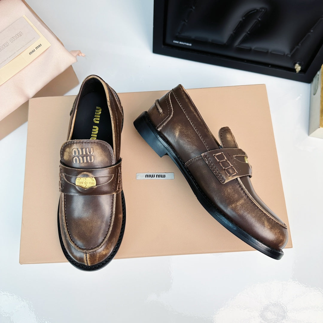 Miu Loafers Chestnut Brown Calfskin