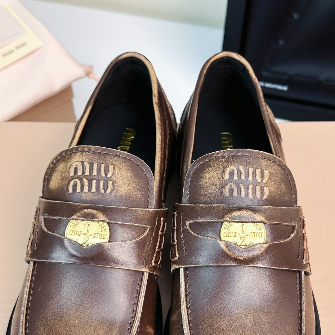 Miu Loafers Chestnut Brown Calfskin