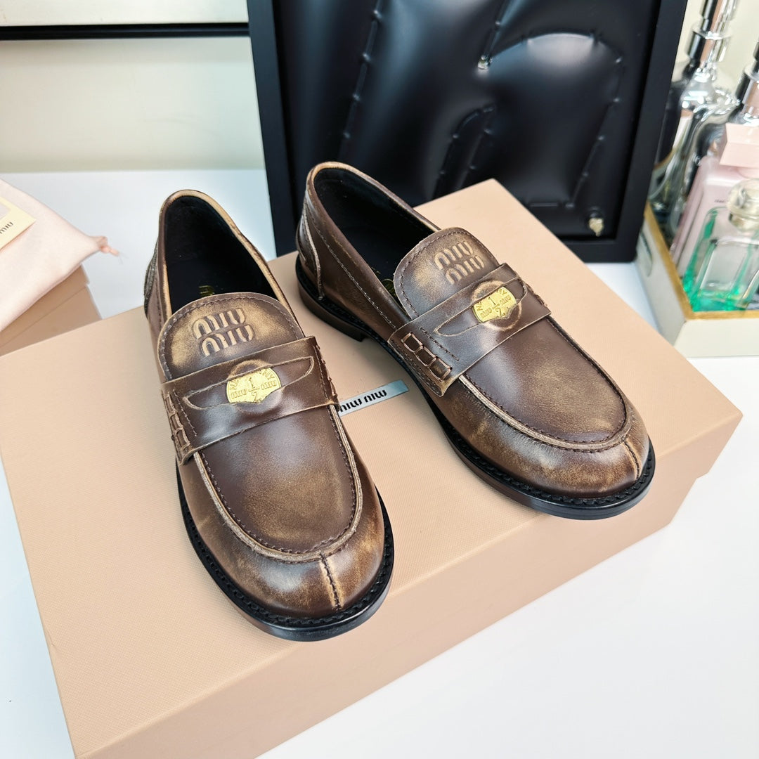 Miu Loafers Chestnut Brown Calfskin