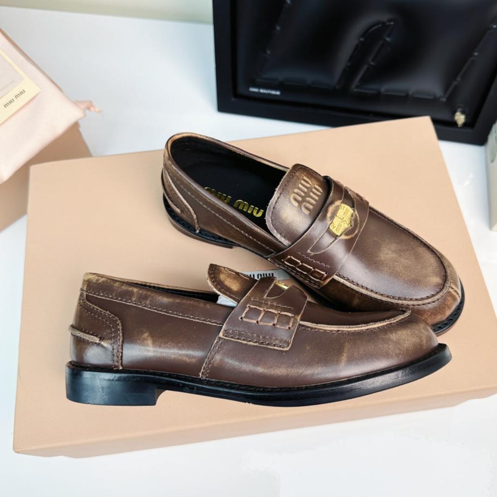 Miu Loafers Chestnut Brown Calfskin