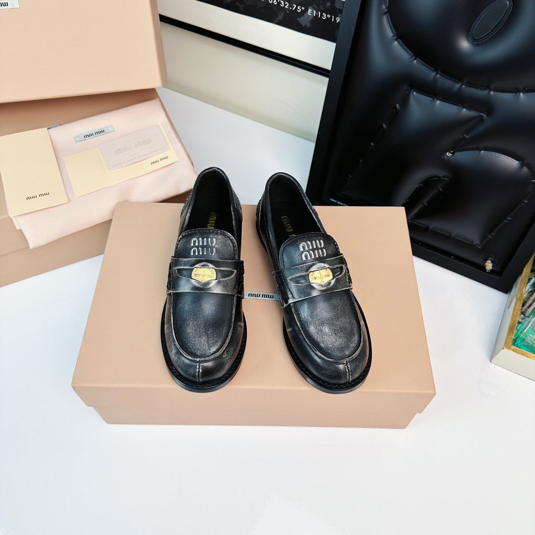 Miu Loafers Black Gray Calfskin