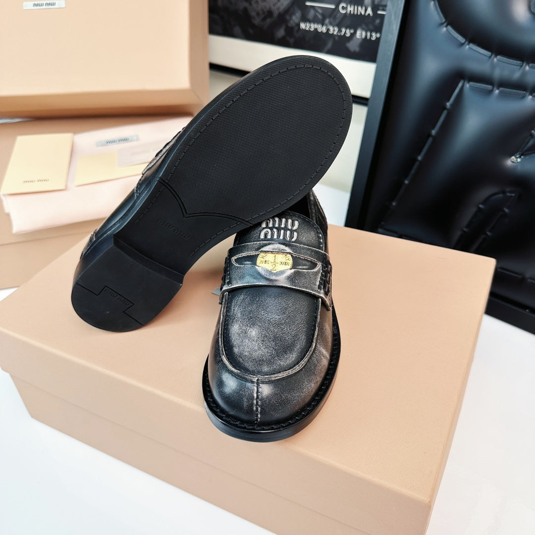 Miu Loafers Black Gray Calfskin