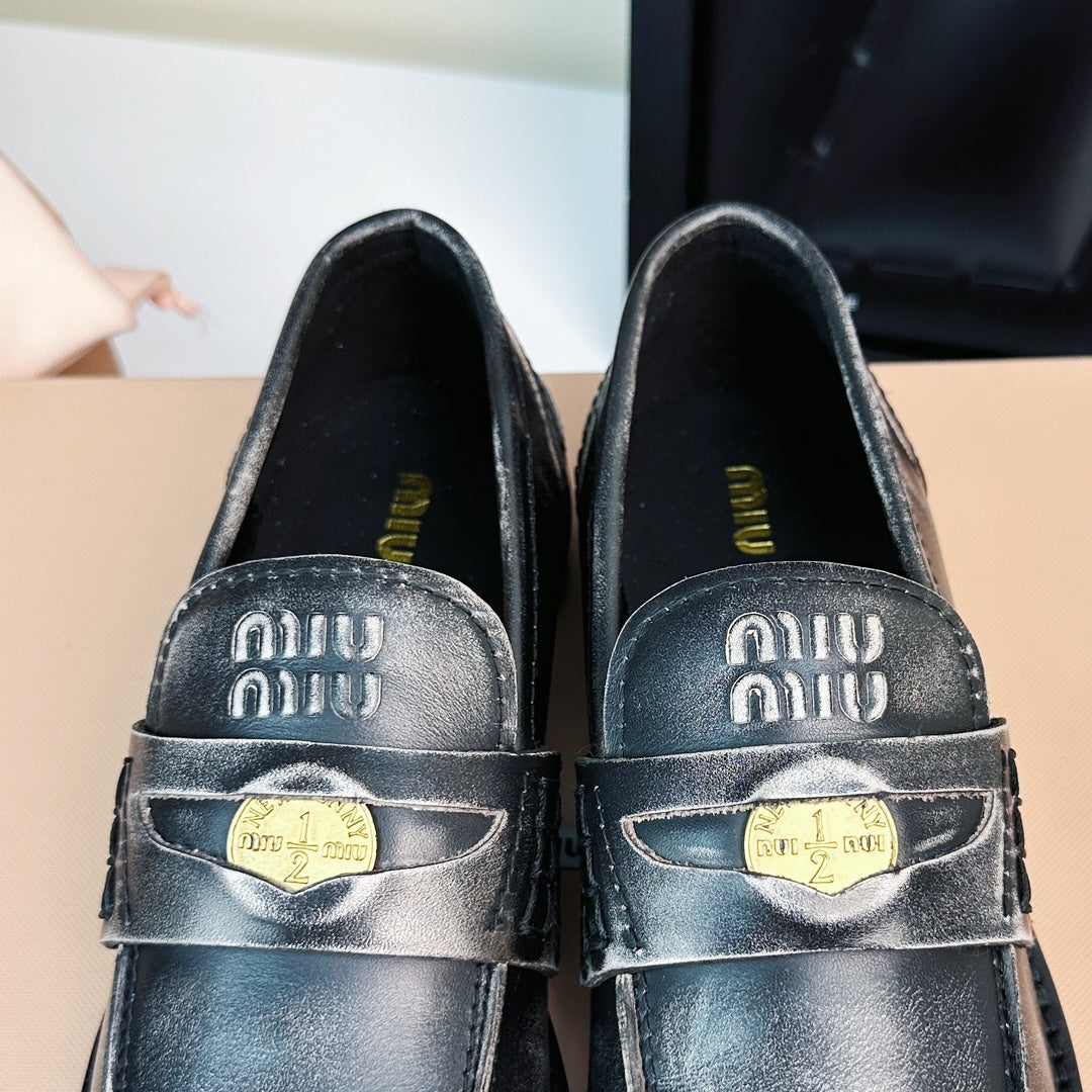 Miu Loafers Black Gray Calfskin
