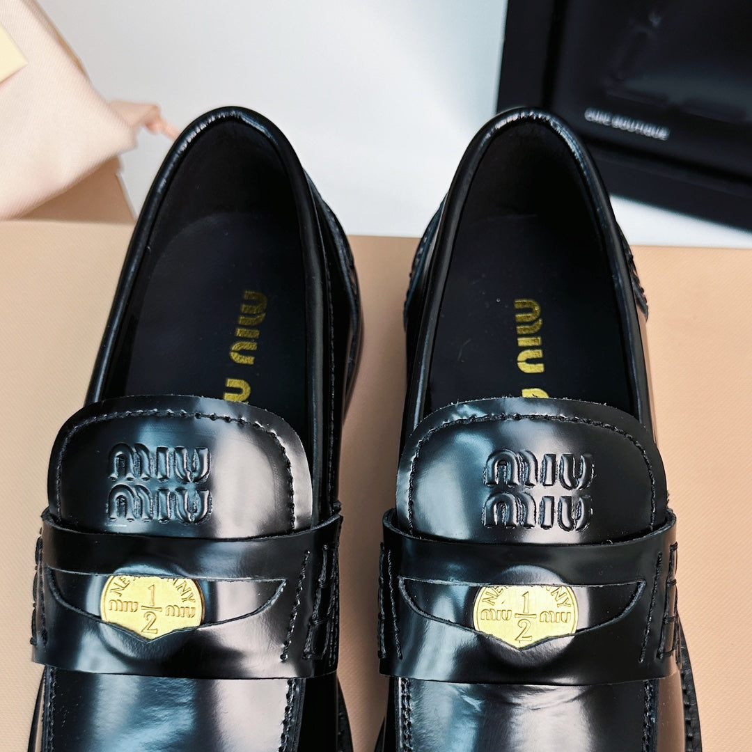 Miu Loafers Glossy Black Calfskin