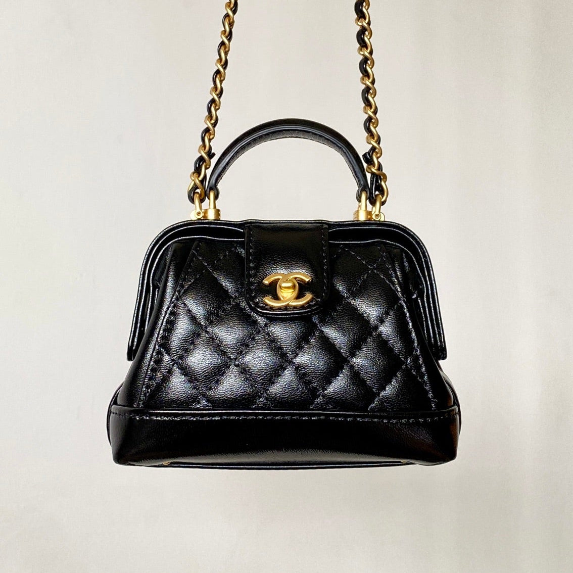Chanel 25 Mini Bag Black Gold Quilted Lambskin