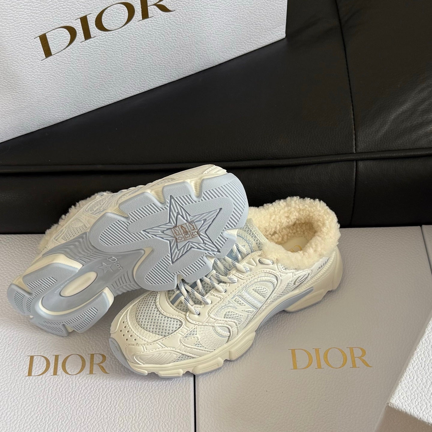 Dior 25 Chrono Sneakers Cream Blue Mesh Calfskin 531391