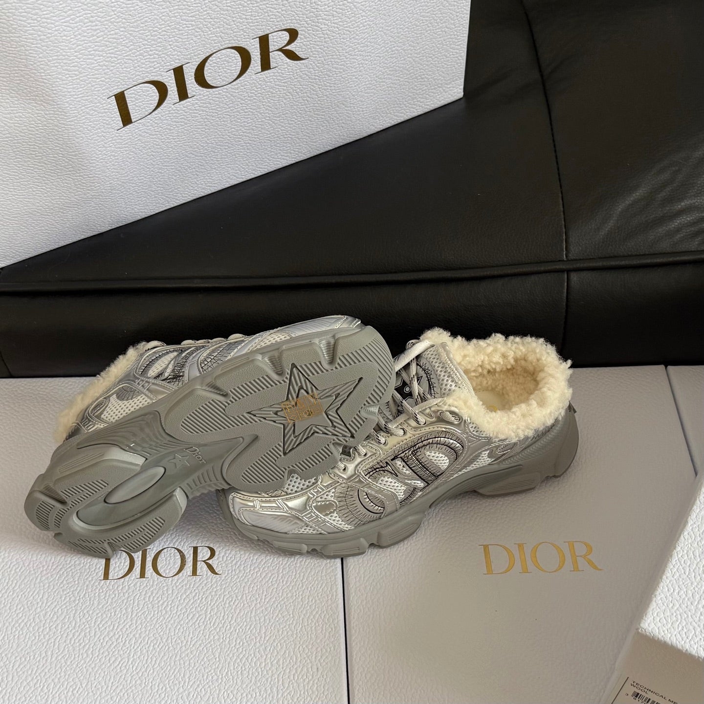 Dior 25 Chrono Sneakers Silver Cream Mesh Calfskin 531392