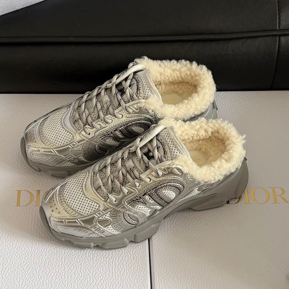 Dior 25 Chrono Sneakers Silver Cream Mesh Calfskin 531392