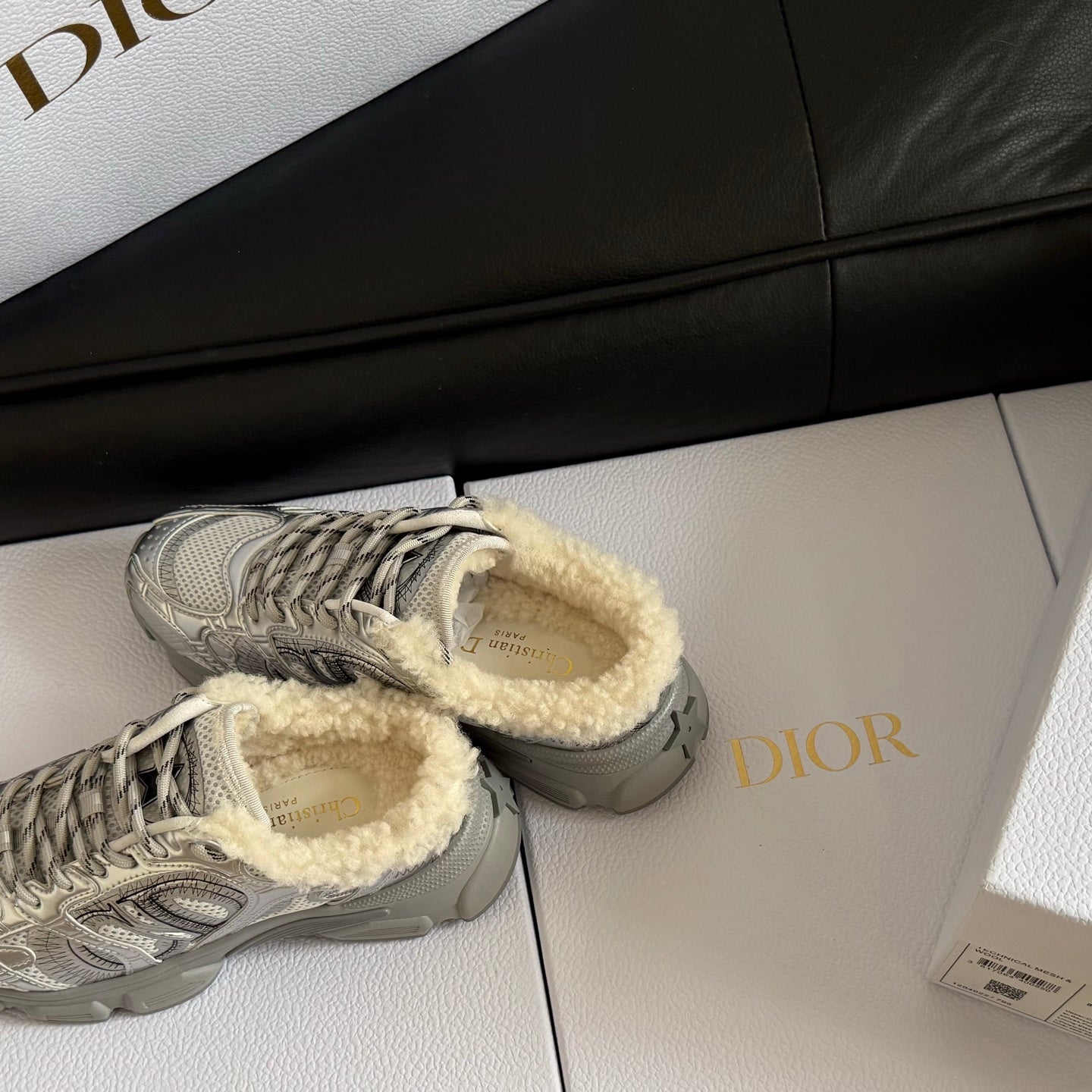 Dior 25 Chrono Sneakers Silver Cream Mesh Calfskin 531392
