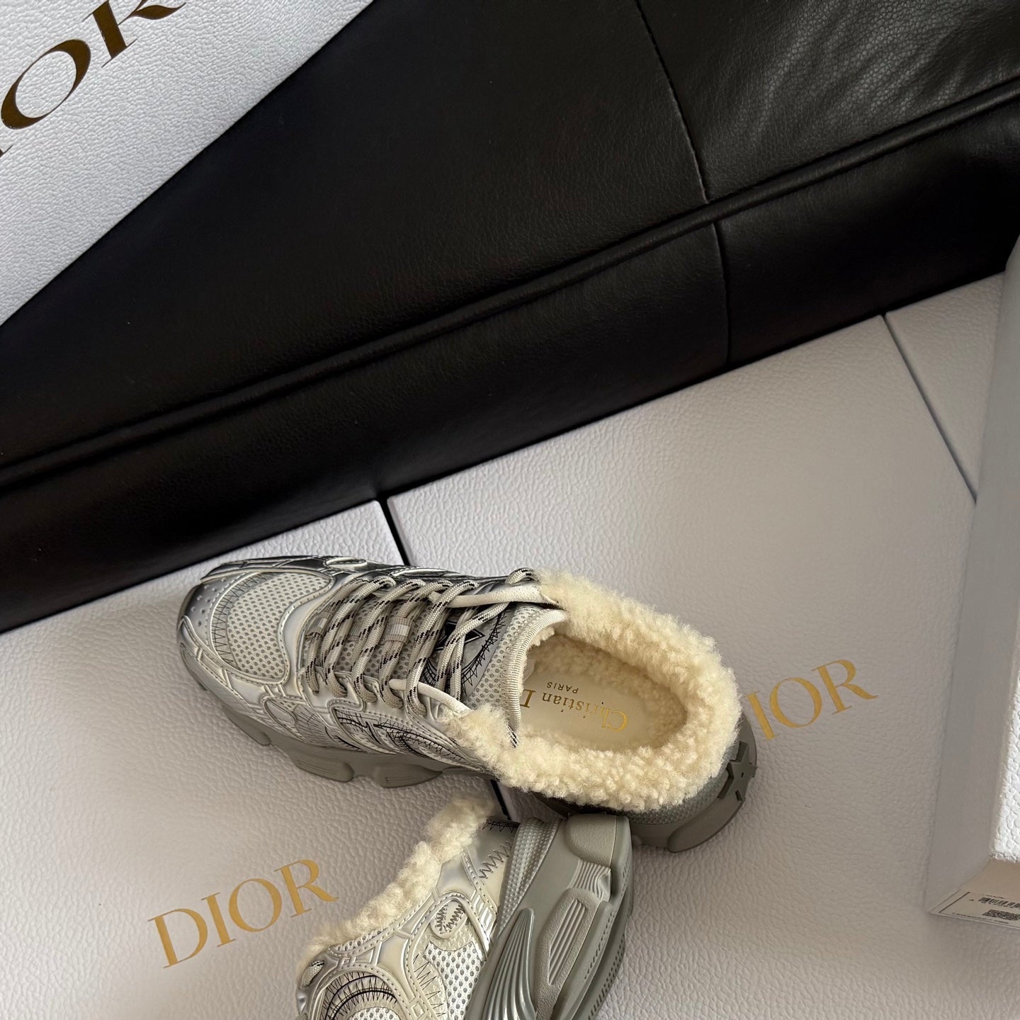 Dior 25 Chrono Sneakers Silver Cream Mesh Calfskin 531392