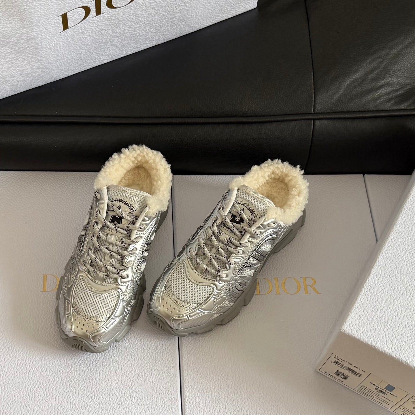 Dior 25 Chrono Sneakers Silver Cream Mesh Calfskin 531392