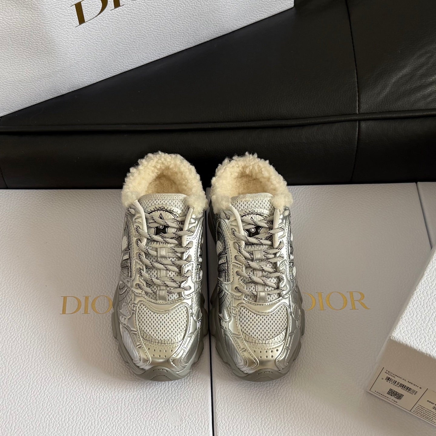 Dior 25 Chrono Sneakers Silver Cream Mesh Calfskin 531392