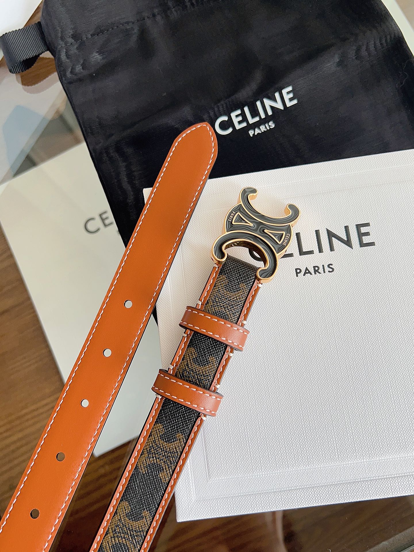 CL Black 25mm Triomphe Enamel Saddle Dark Brown Monogram Cowhide 615273