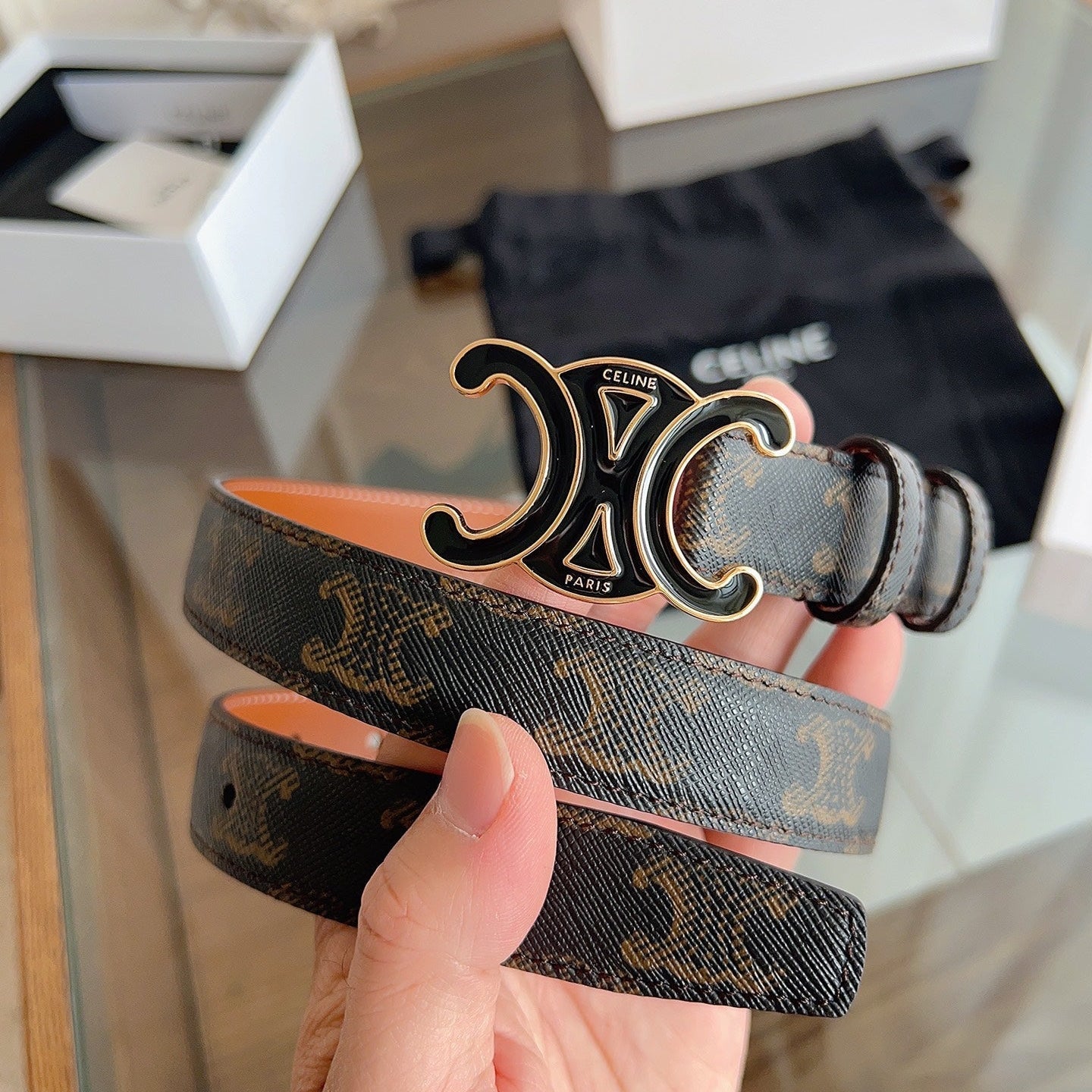 CL Black 25mm Triomphe Enamel Saddle Dark Brown Monogram Cowhide  615275