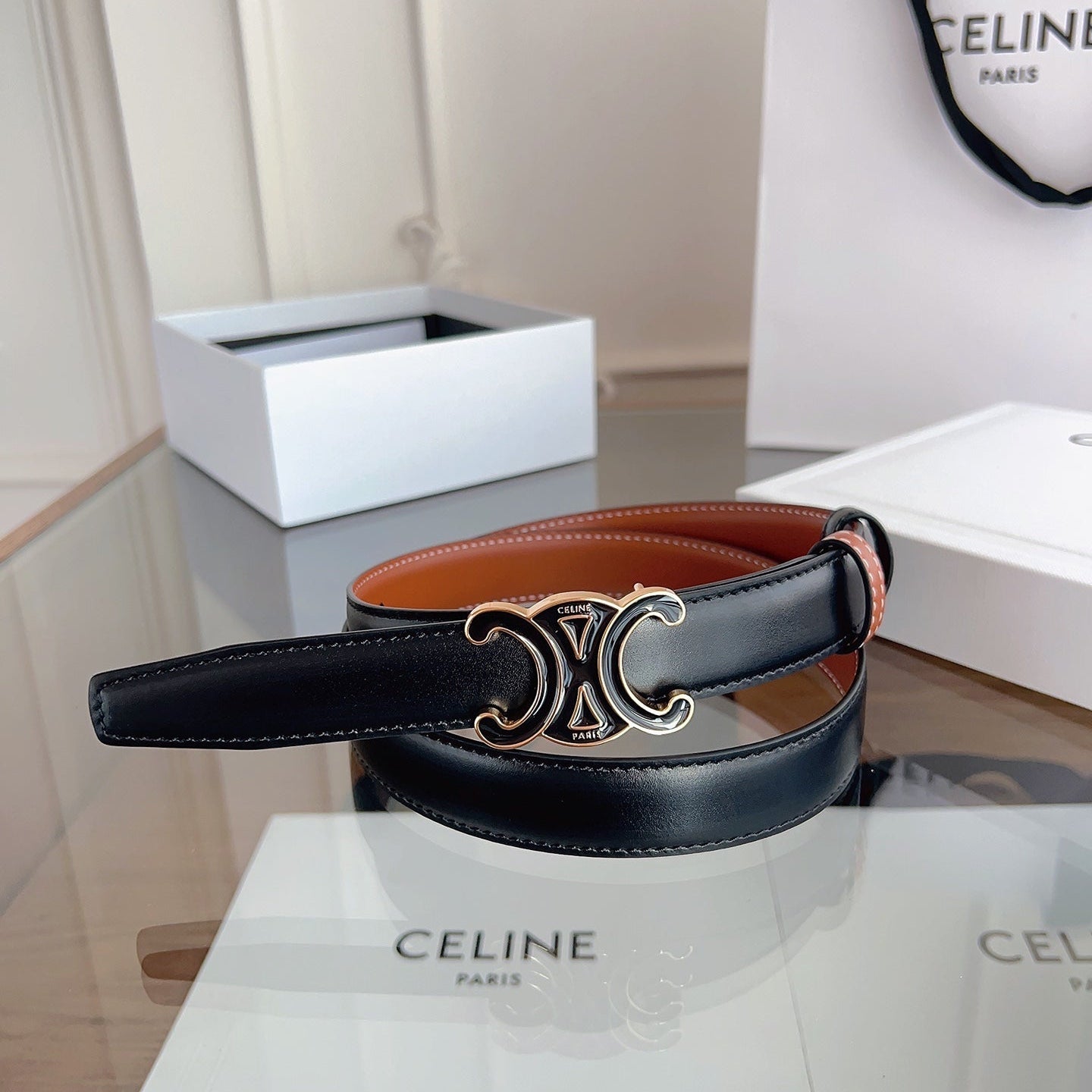 CL Black 25mm Triomphe Enamel Black Orange Cowhide  615281