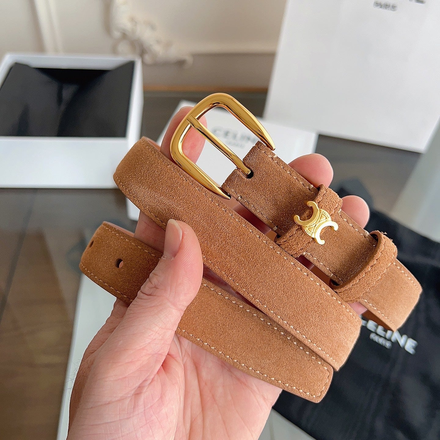 CL Gold 25mm Triomphe Metal Ring Tan Suede 616257