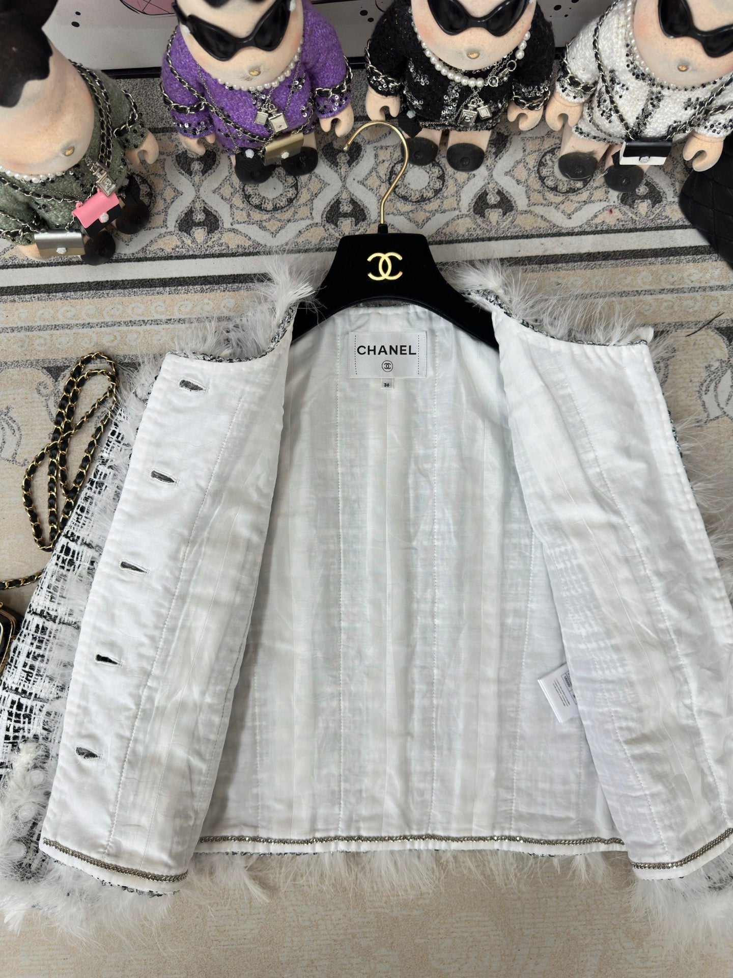 CC Tweed Fur Coat Black White Cotton Polyamide 251826