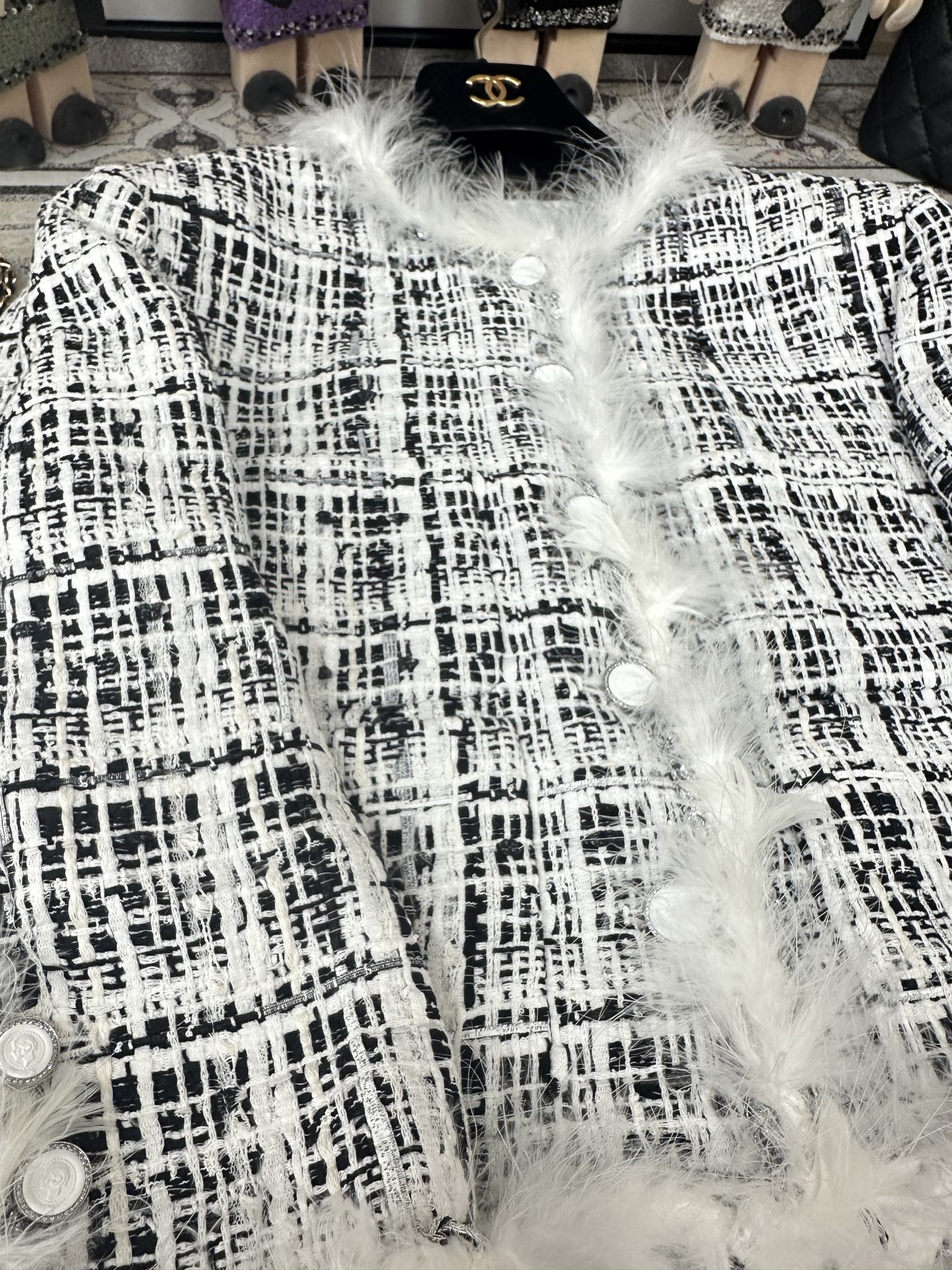 CC Tweed Fur Coat Black White Cotton Polyamide 251826