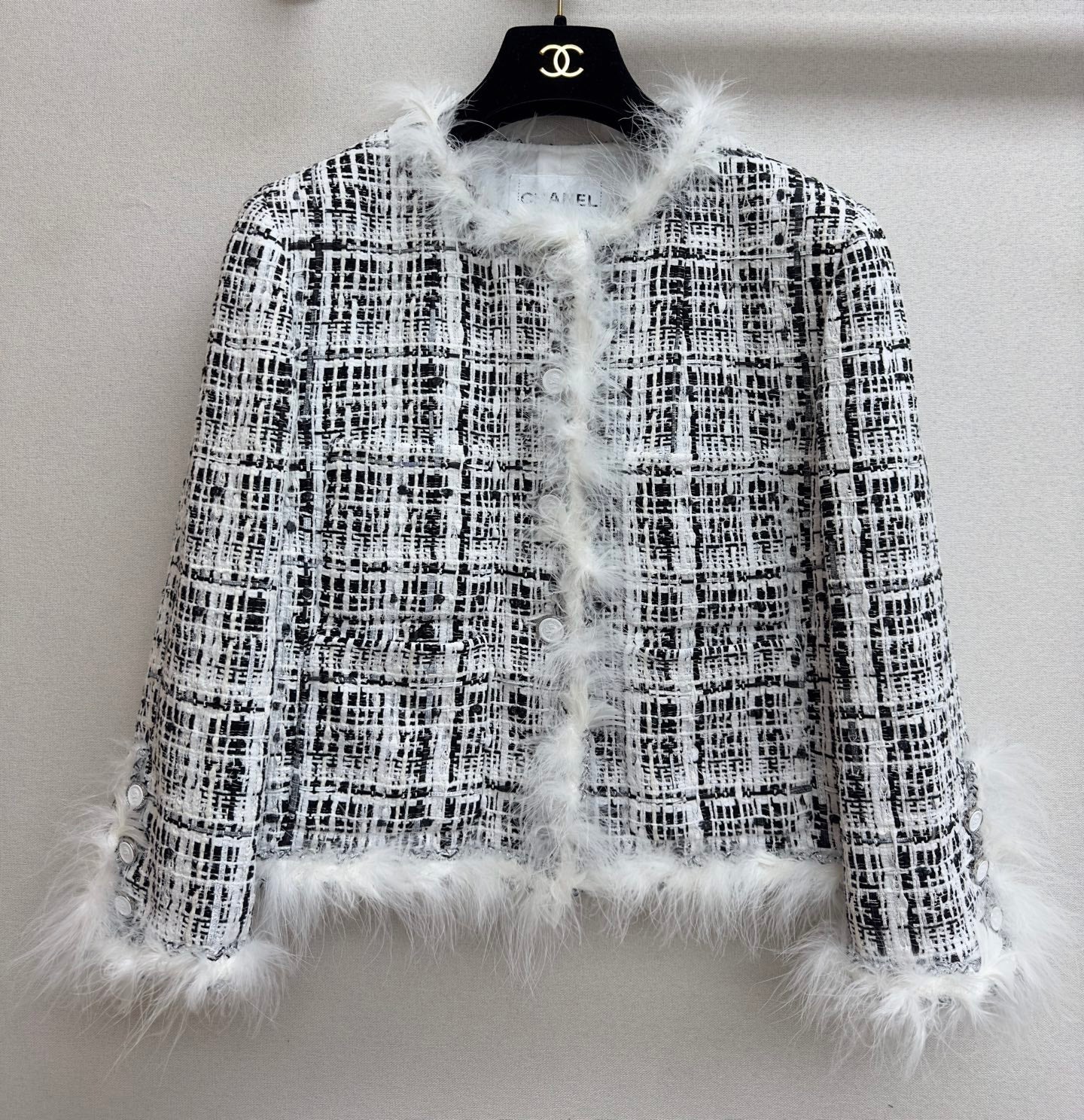 CC Tweed Fur Coat Black White Cotton Polyamide 251826