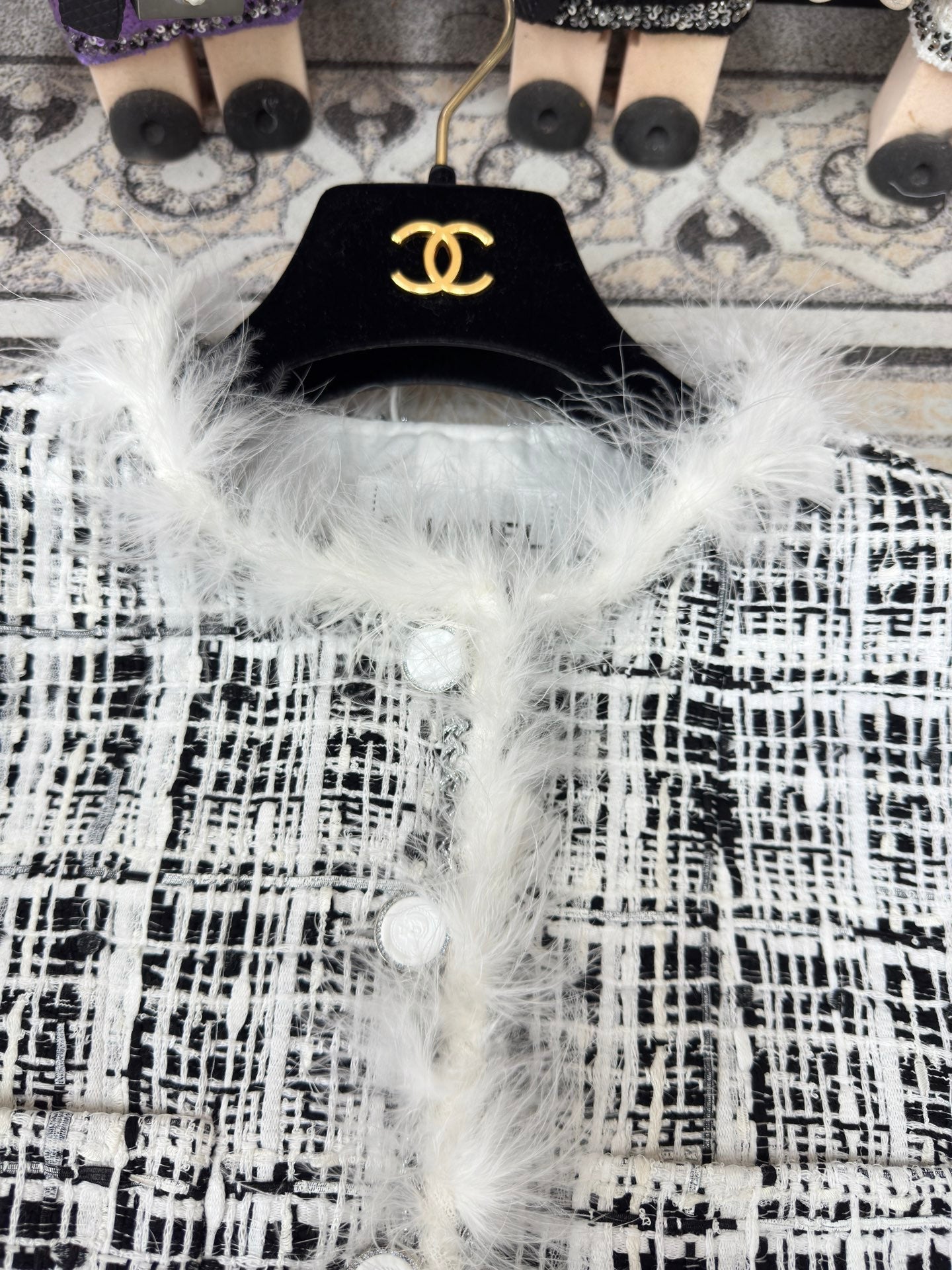 CC Tweed Fur Coat Black White Cotton Polyamide 251826