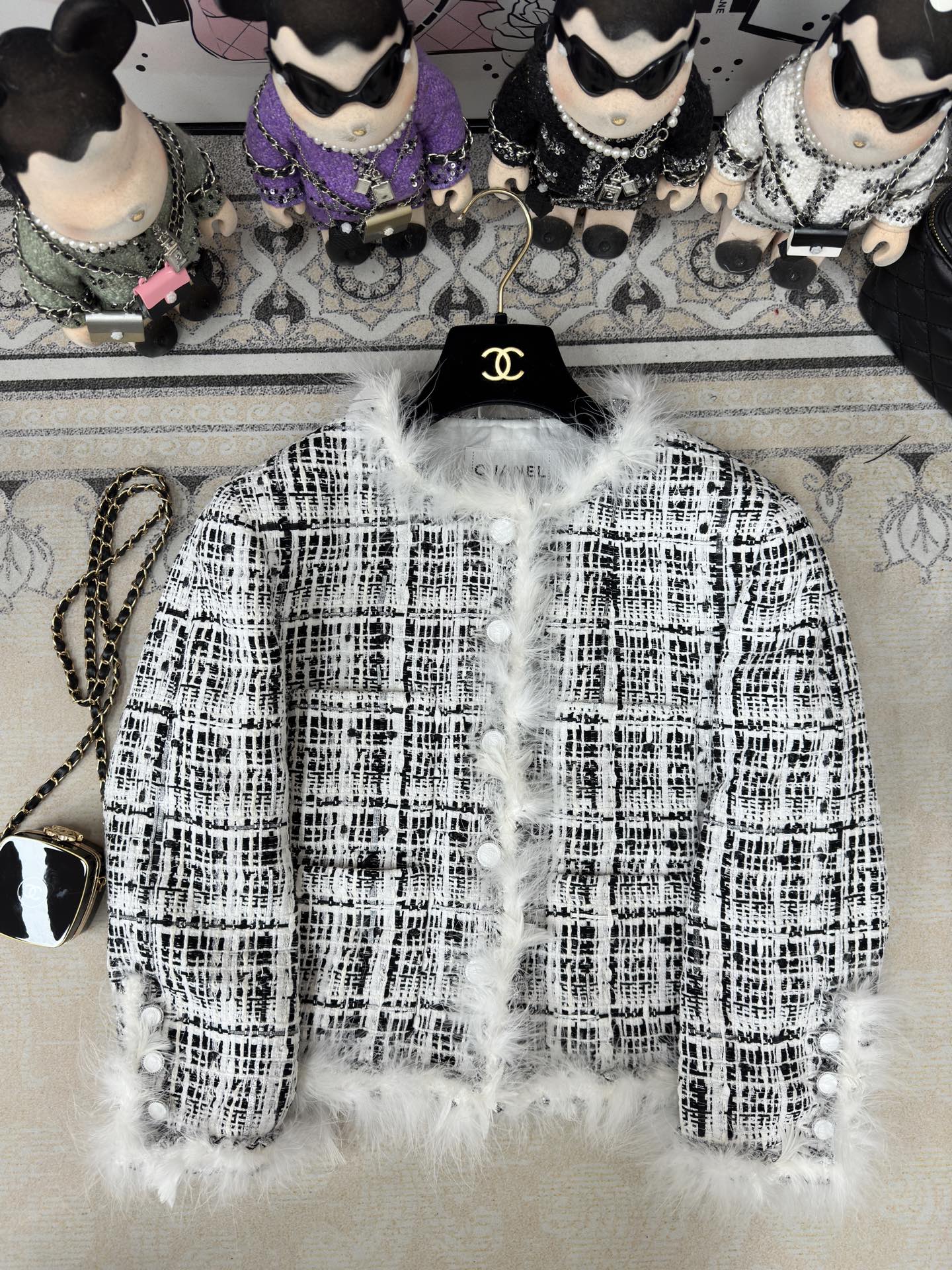 CC Tweed Fur Coat Black White Cotton Polyamide 251826