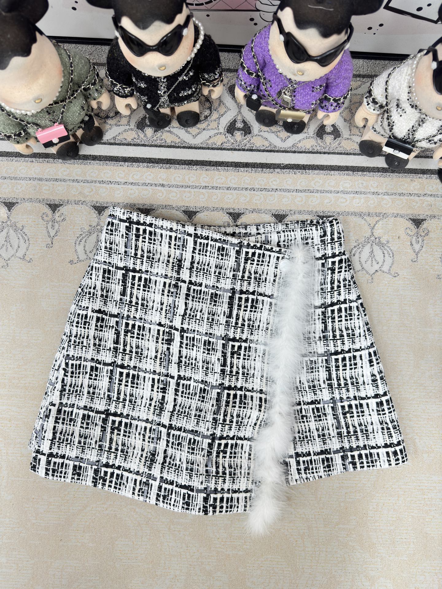 CC Tweed Fur Skirt Black White Cotton Polyamide 251825