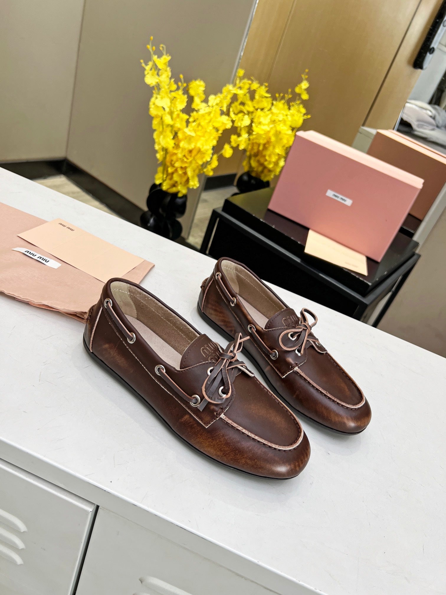Miu Loafers Chocolate Brown Calfskin