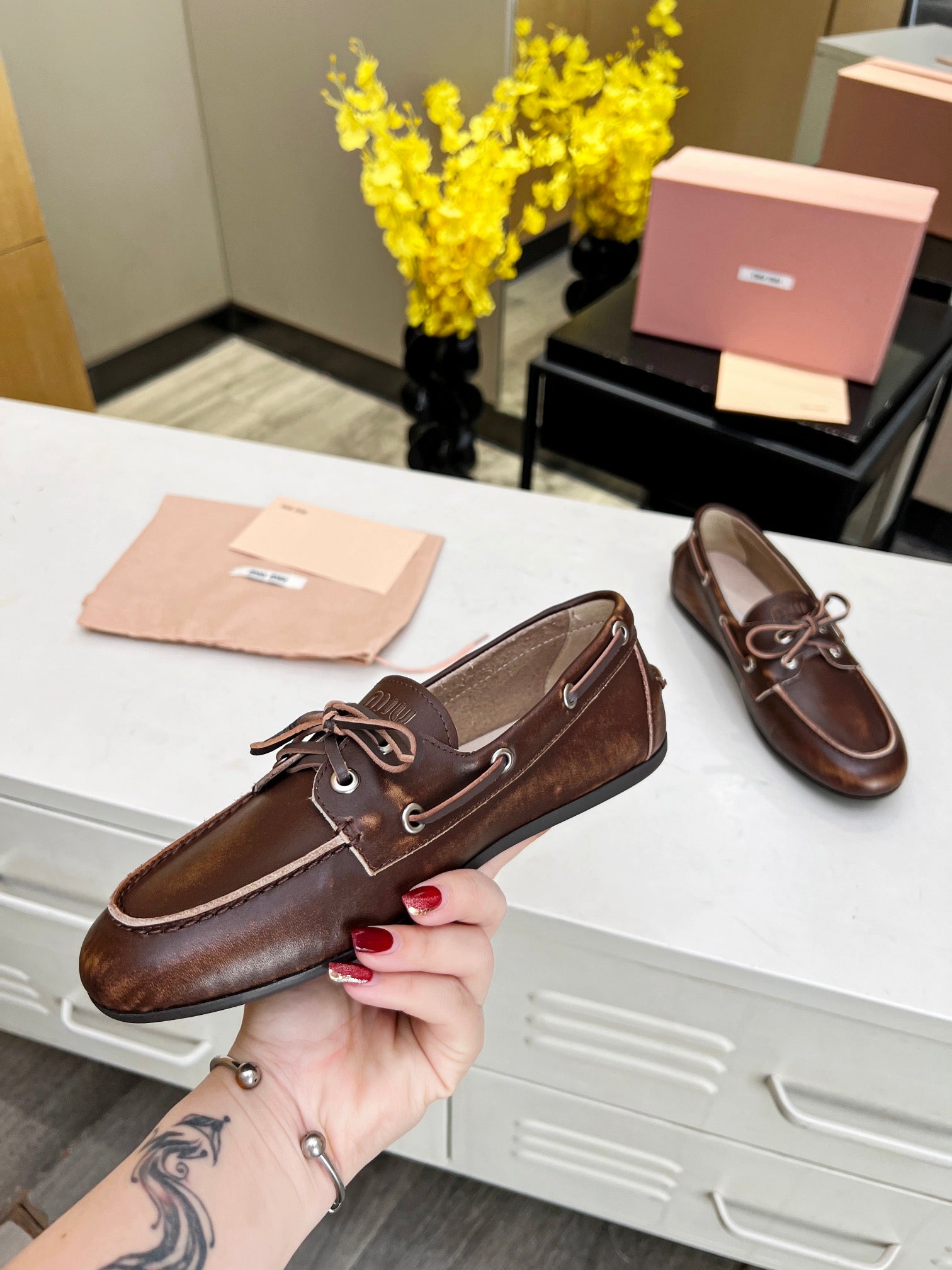 Miu Loafers Chocolate Brown Calfskin