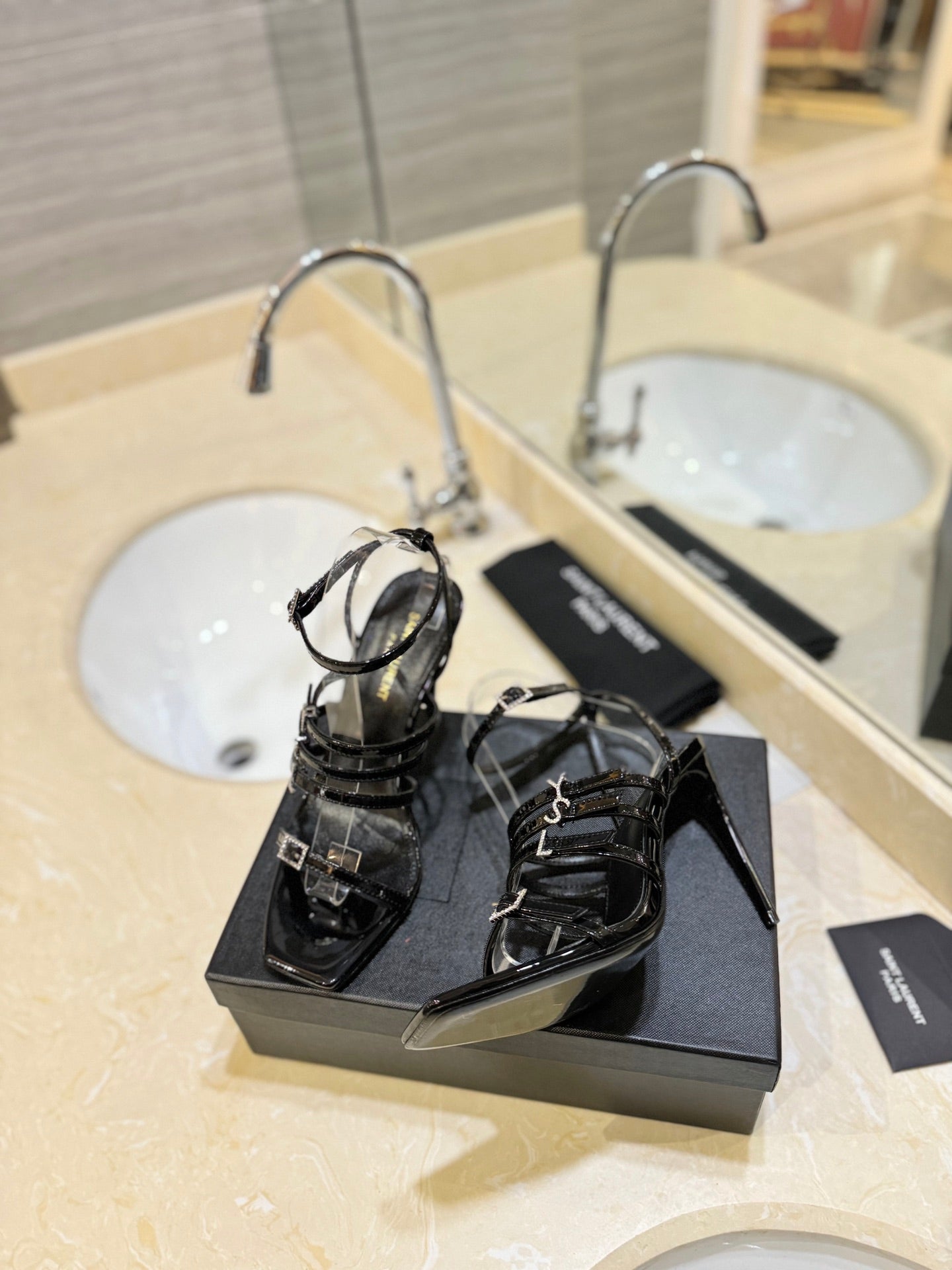 SL JERRY HEELED SANDALS BLACK POLISHED CALFSKIN