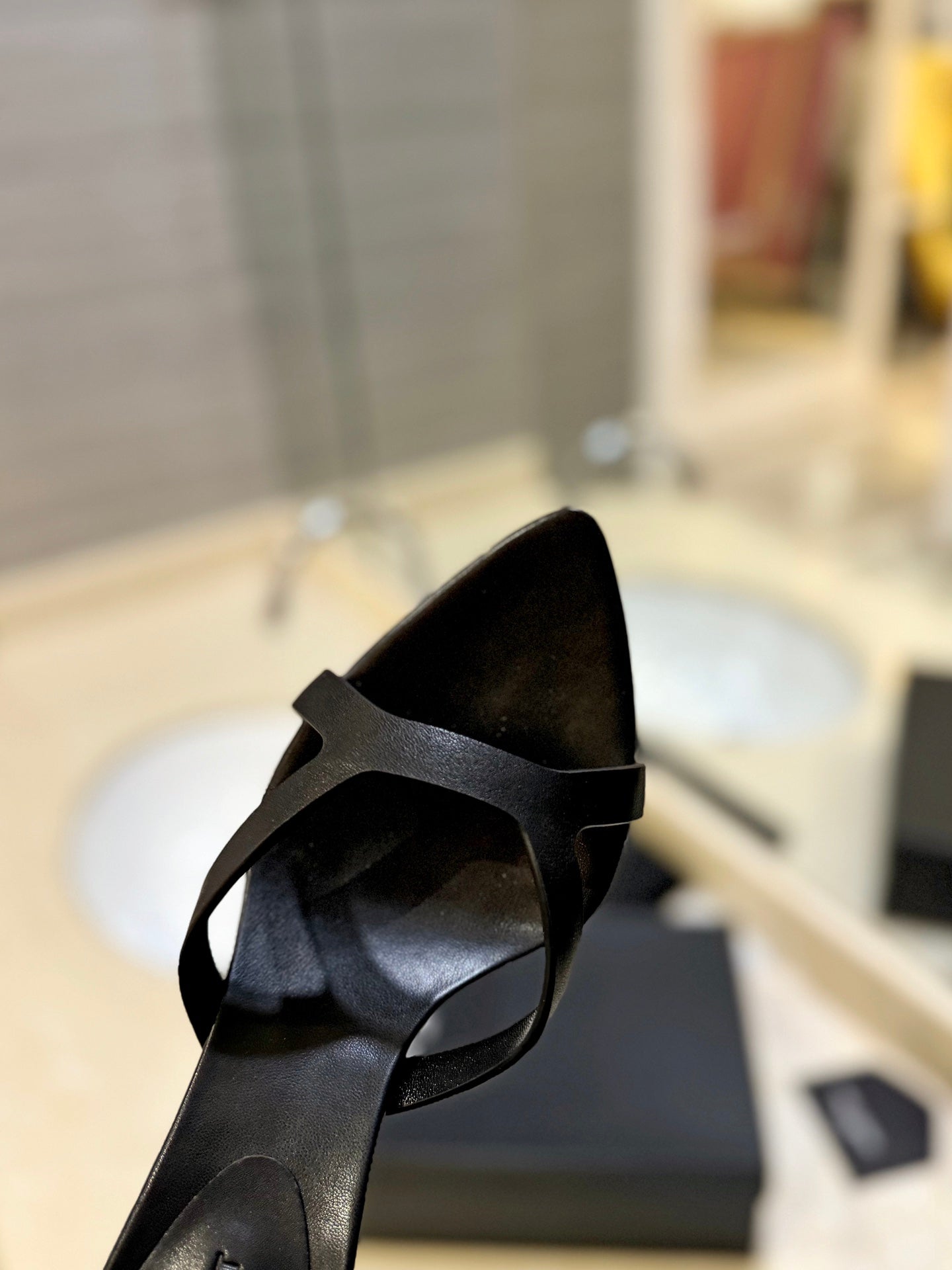 SL OPEN-TOES HIGH HEELS SLIPPER BLACK CALFSKIN