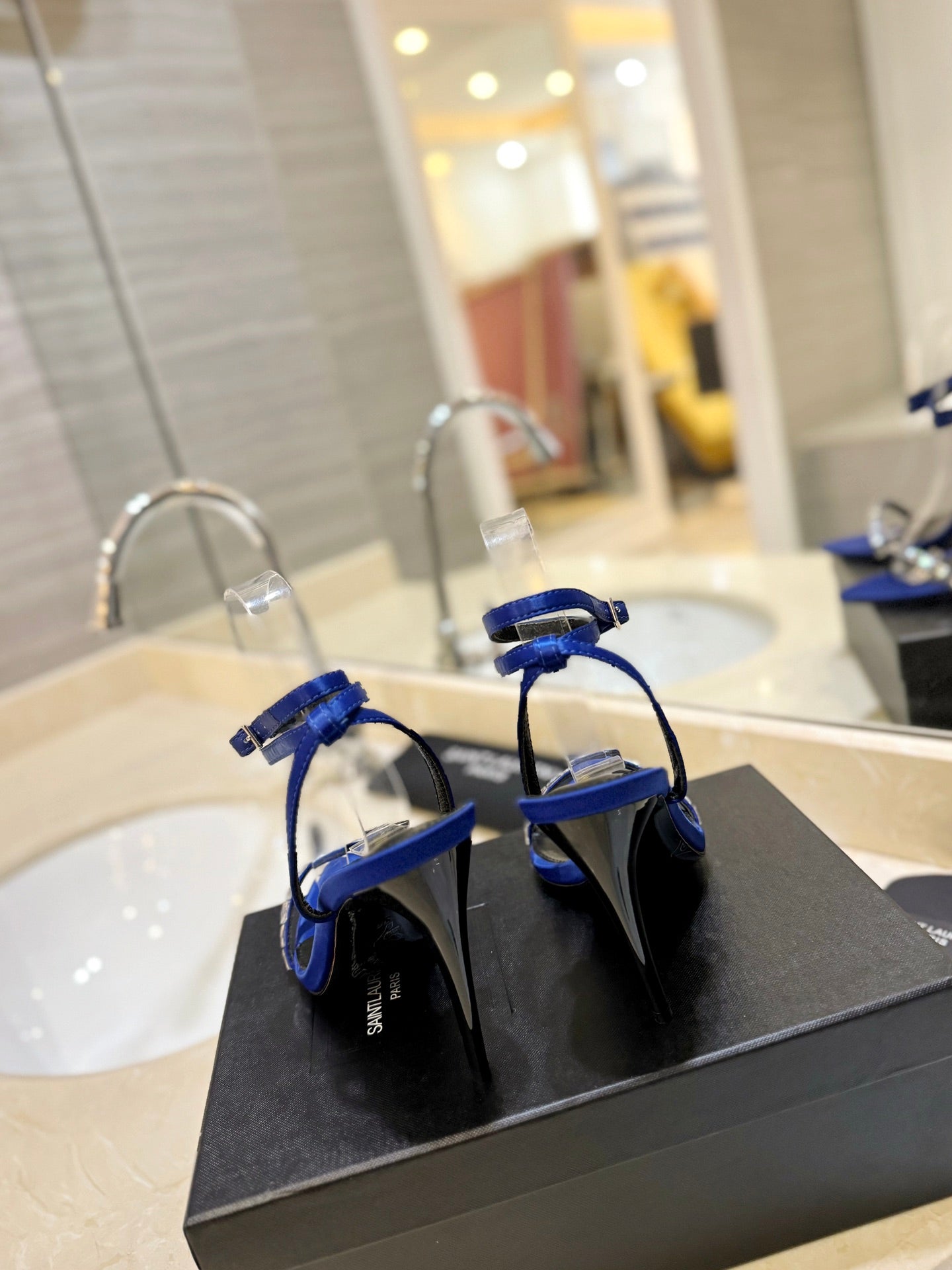 SL RHINESTONE HEELED SANDALS COBALT SATIN