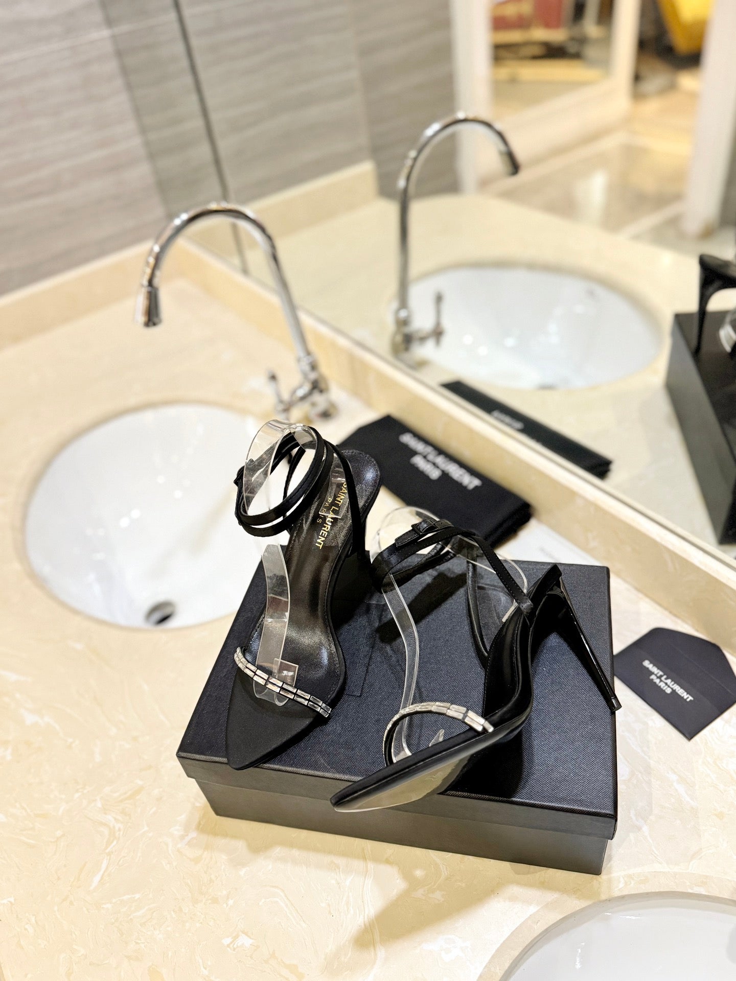 SL RHINESTONE HEELED SANDALS BLACK SATIN