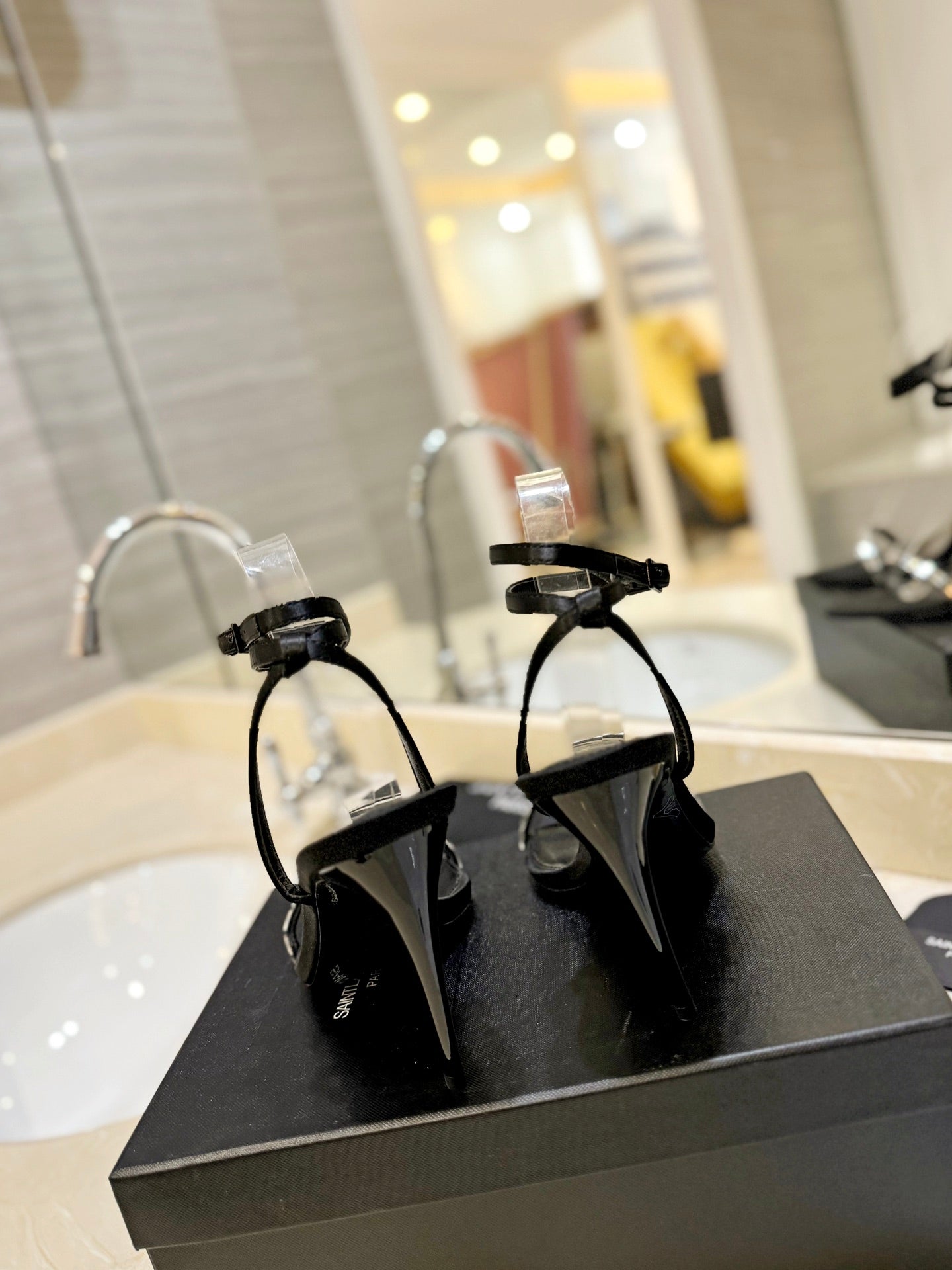 SL RHINESTONE HEELED SANDALS BLACK SATIN