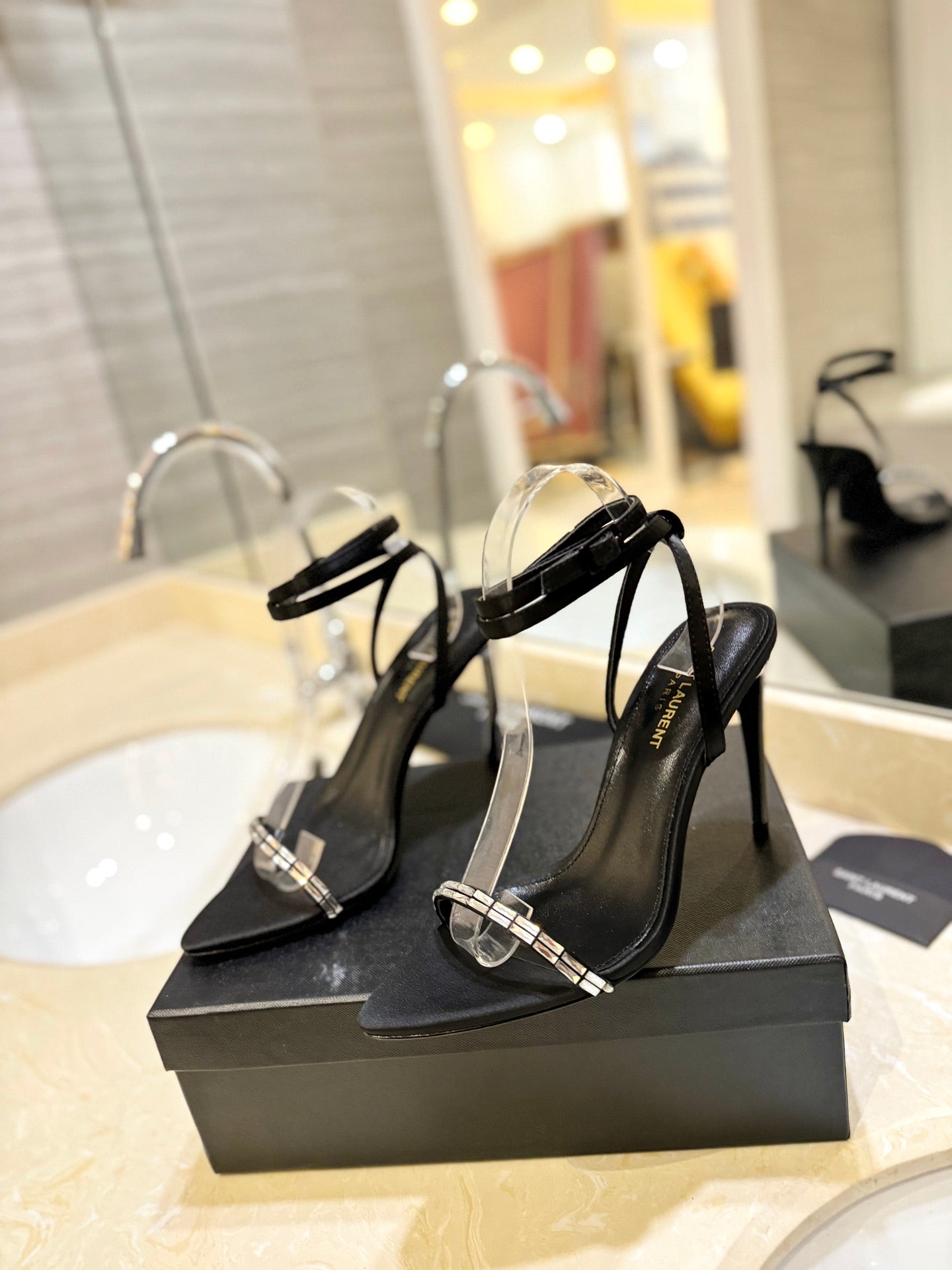 SL RHINESTONE HEELED SANDALS BLACK SATIN