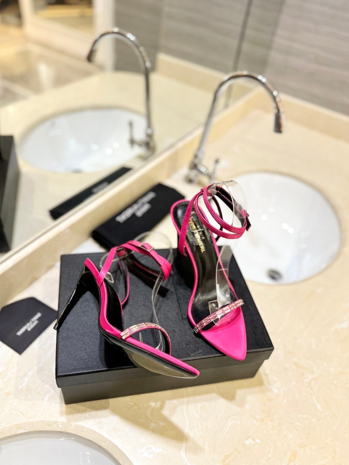 SL RHINESTONE HEELED SANDALS BRIGHT PINK SATIN