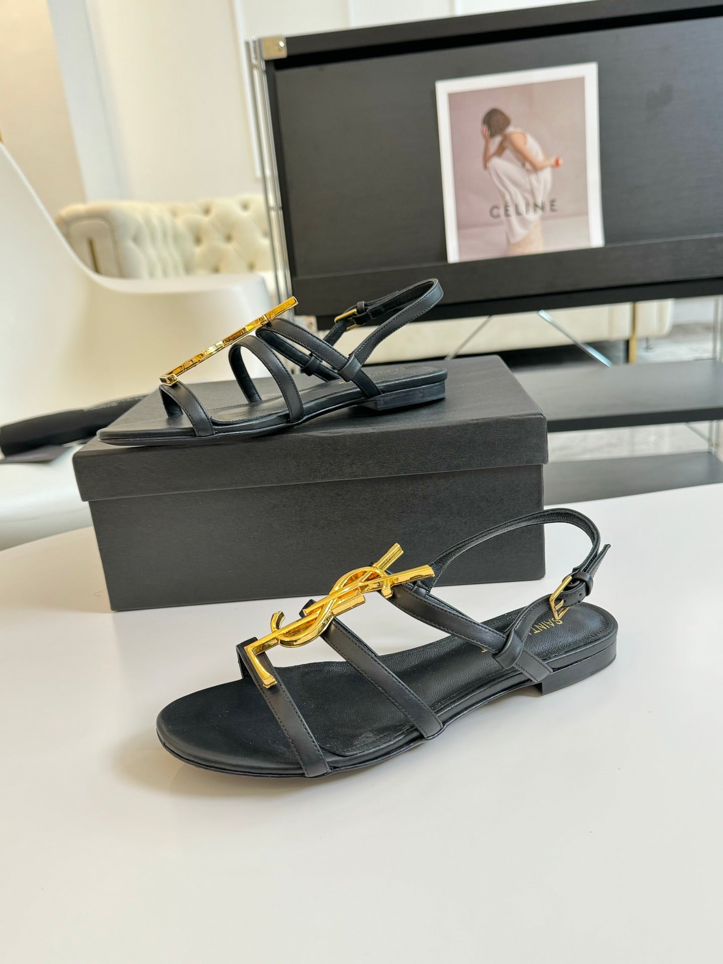 Yves SL Buckle Women Sandals Black Leather