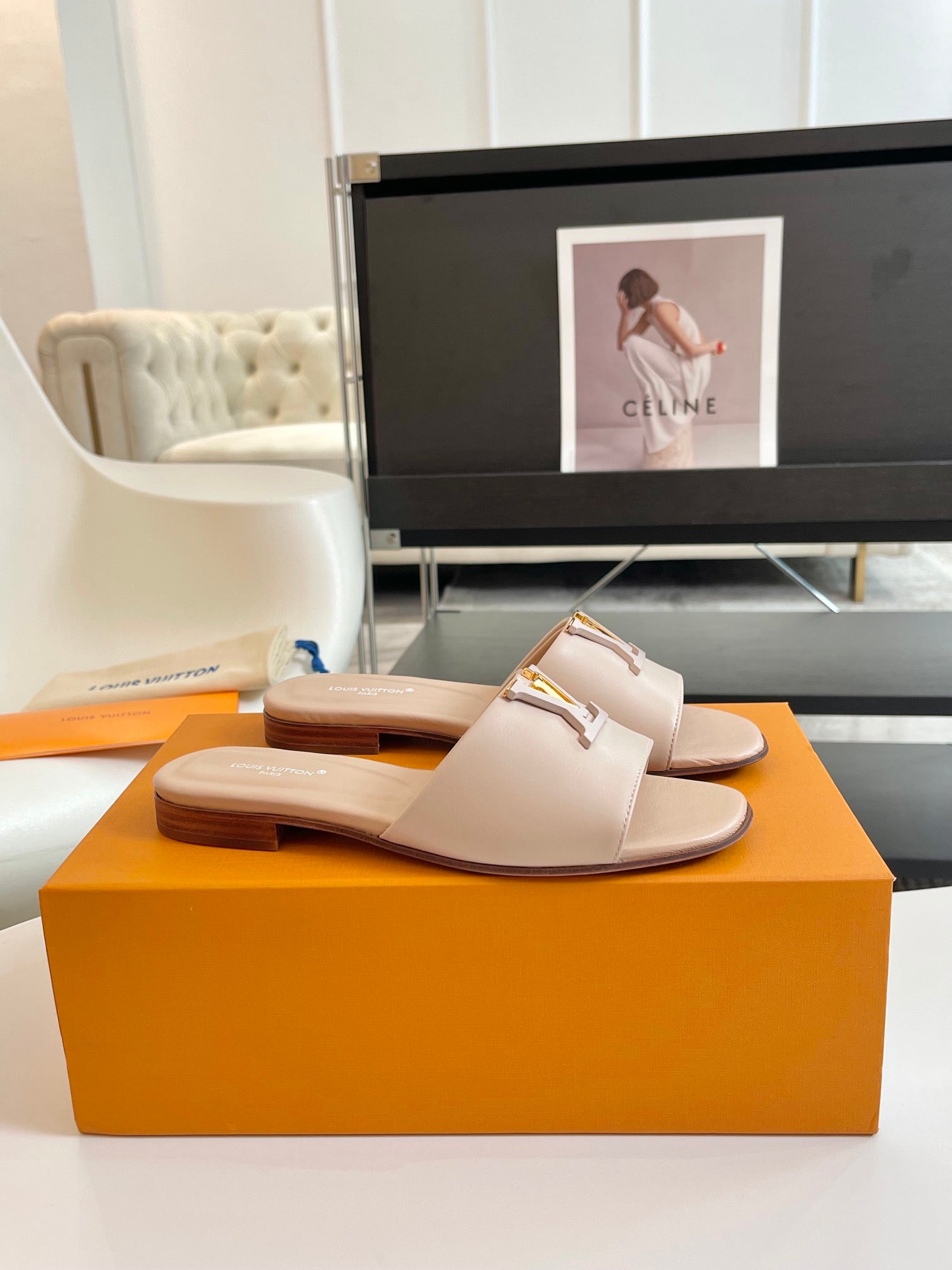 lv capri flat mule beige calfskin
