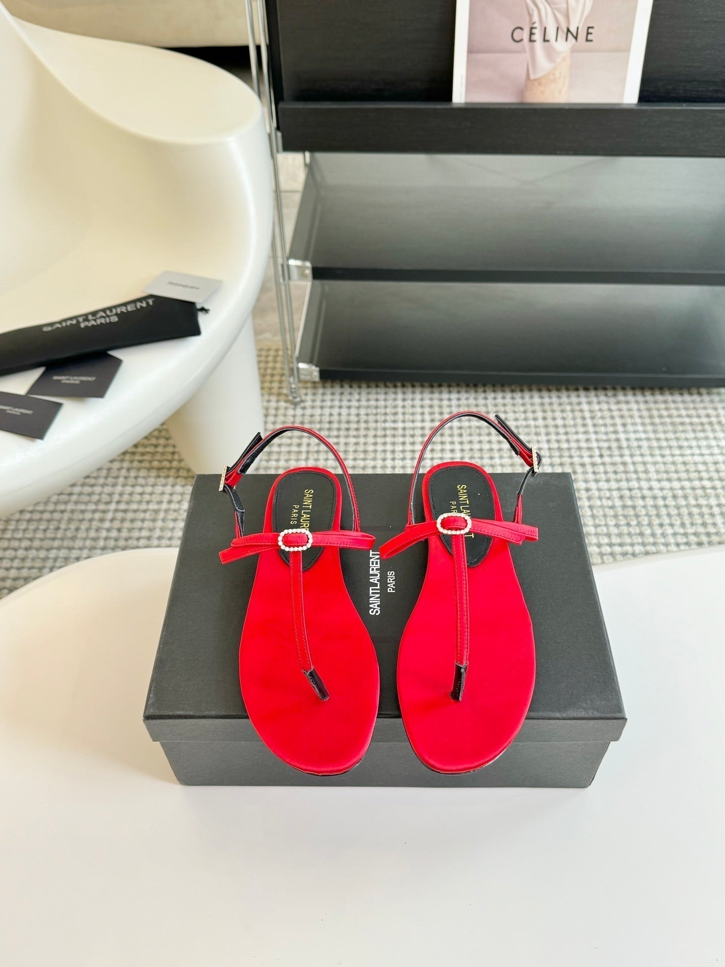 SL CRYSTAL T-STRAP FLAT SANDAL RED SATIN